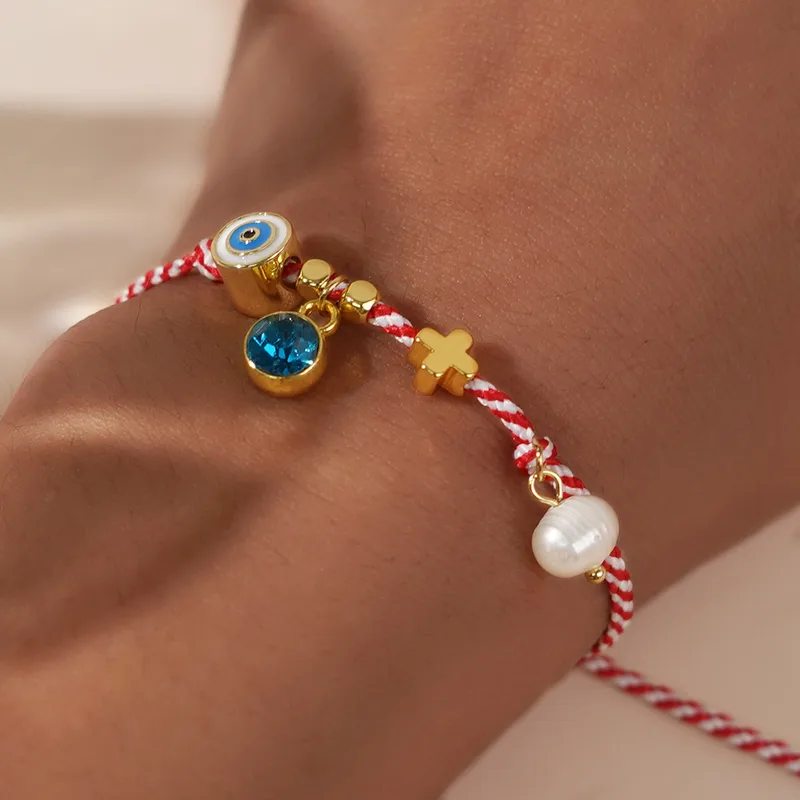 Charming Red And White Thread Bracelet With Alloy Charms